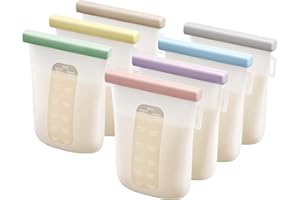 Nuliie 7 Pcs Reusable Silicone Breastmilk Storage Bags, 12oz/360ml Double Leak-Proof, BPA Free Self-Standing Milk Bags for Breastfeeding, Baby Food Pouches