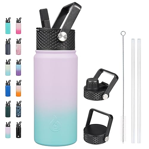 BJPKPK Insulated Water Bottles with Straw Lid, 18oz Stainless Steel Metal Water Bottle, Cold Hot Thermo with 3 Lids, Leak Proof BPA Free Travel Cup, Wide Mouth Flasks, Thermo -Lavender Green