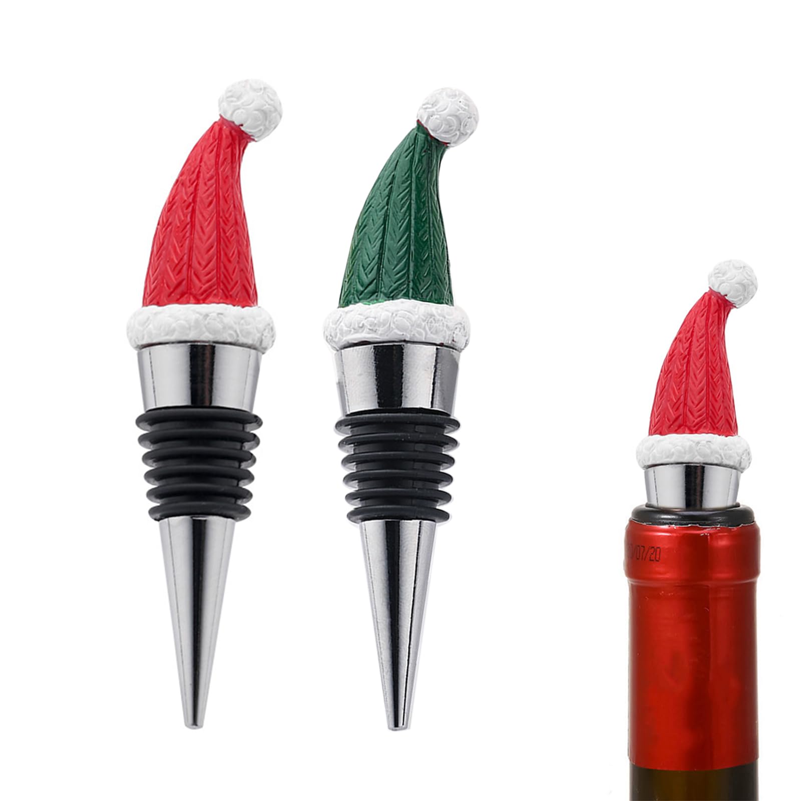 SUNTRADE Christmas Wine Bottle Stoppers, 2 Pack (Red+Green), Zinc Alloy, PVC, Resin, Reusable, Airtight, Leak Proof for Wine Enthusiasts