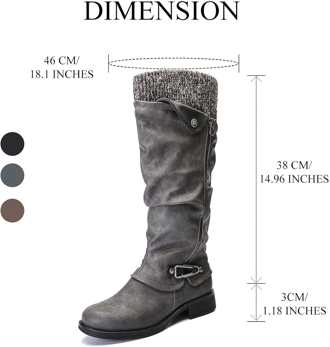  | gracosy Leather Knee Boots, Women's Knee High Boot Flat Heel Zipper Buckle Riding Boots | Knee-High