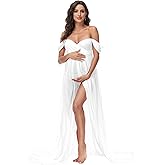 JustVH Maternity Dresses for Photoshoot Off Shoulder Chiffon Lace Gown Split Front Maxi Photography Dresses