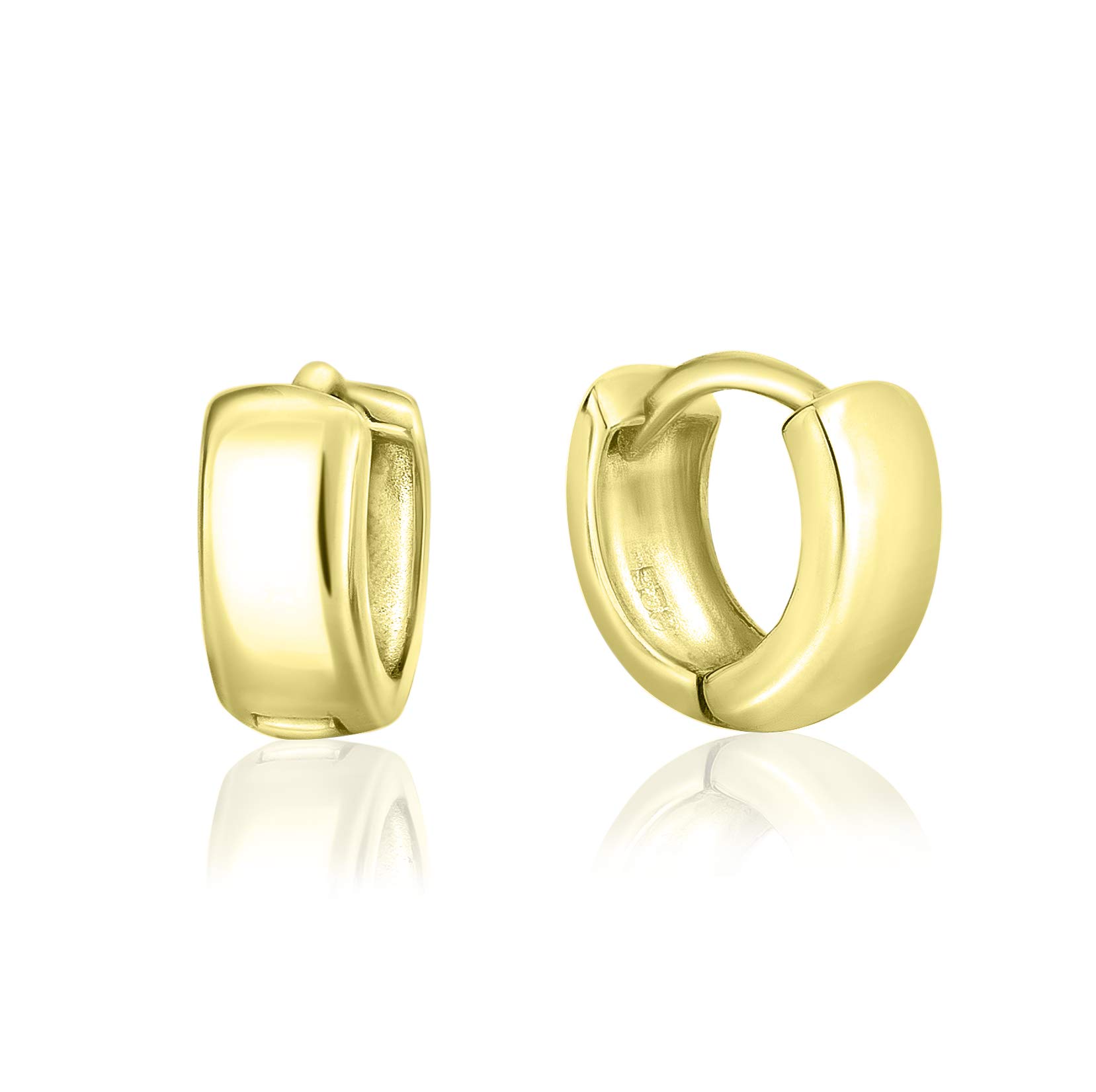 DTPSilver - Small Huggies/Hinged Hoops Earrings 925 Sterling Silver Yellow Gold Plated- Thickness: 2 mm - Wide 4.5 mm - Diameter 10.5 mm