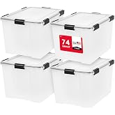 IRIS USA 4 Pack WeatherPro Plastic Storage Bins with Lids, 74 Qt, Black | Weather-tight gasket protects clothing, food, camping gear, tools, photos, and keepsakes from moisture, dust, and pests.