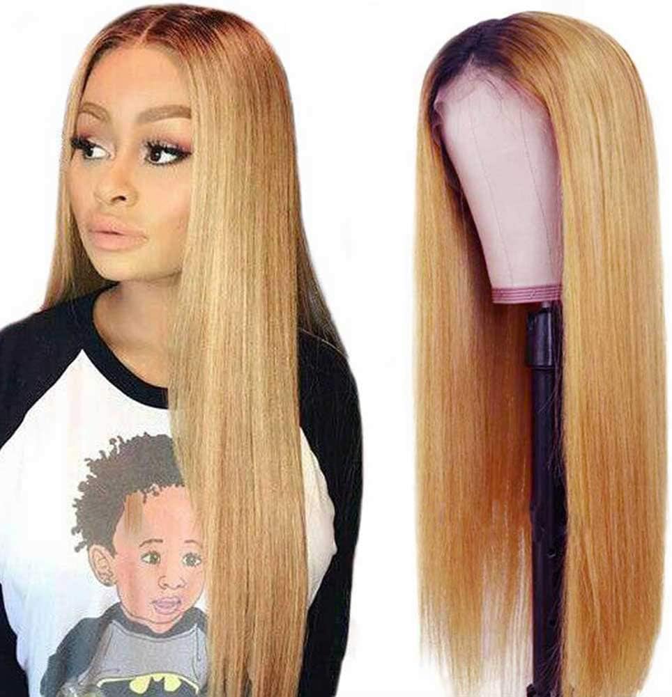 Ombre 1B/27 Wig Honey Blonde Straight Brazilian Real Human Hair Glueless Lace Front Wigs Pre Plucked with Baby Hair For Black Women Full Lace Wigs(22 Inch,Lace Front Wig)