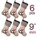 Ivenf Christmas Mini Stockings, 6 Pcs 9 inches Burlap with Embroidered Reindeer Pine Branch Cone and Thick Faux Fur Cuff, Rustic Xmas Tree Holiday Decorations