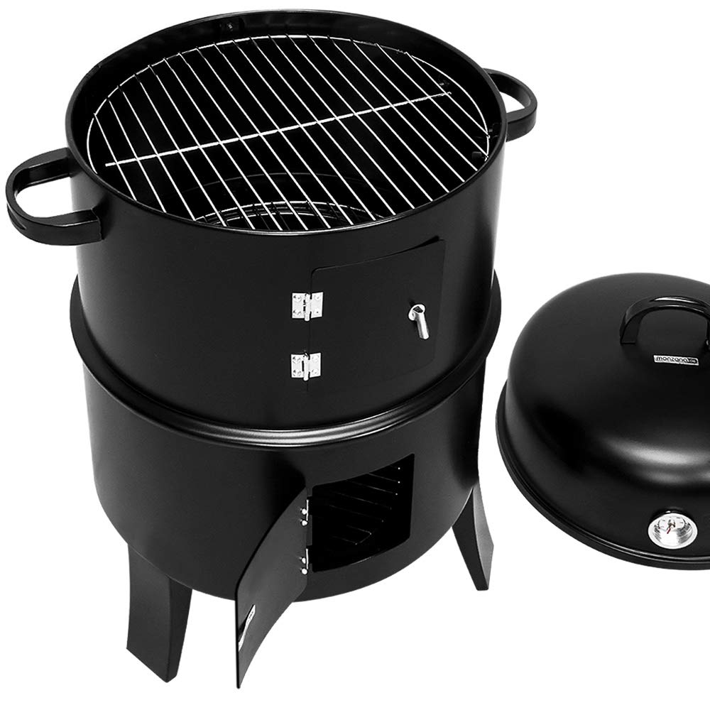 Deuba BBQ Smoker Upright Barrel Black Charcoal 3 in 1 Barbecue Grill Round Garden Outdoor Patio
