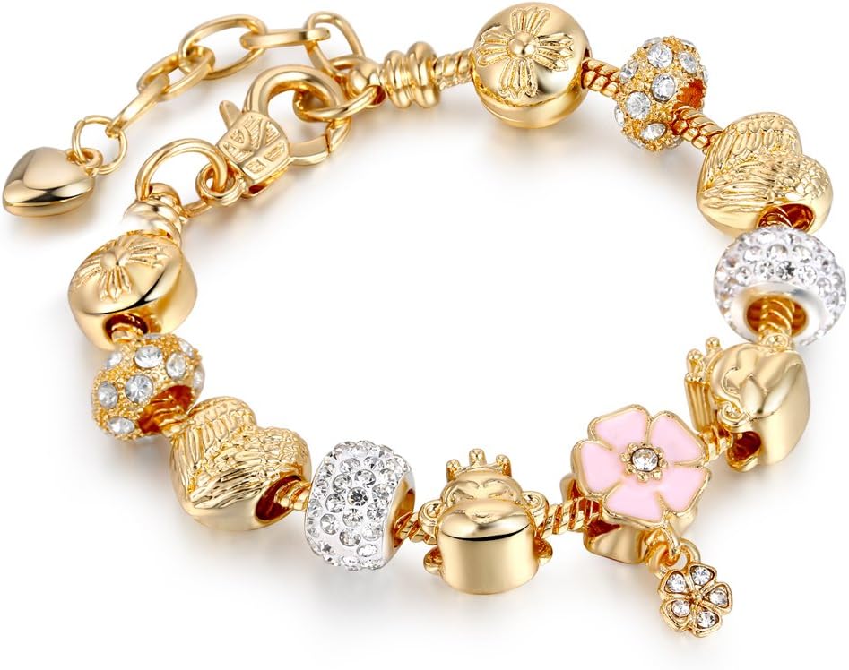 LSENG Bracelets Gold Plated Snake Chain Bracelets Pendant Pink Flower Glass Crystal Beads Charms Bracelets for Women with Fine Gift Box