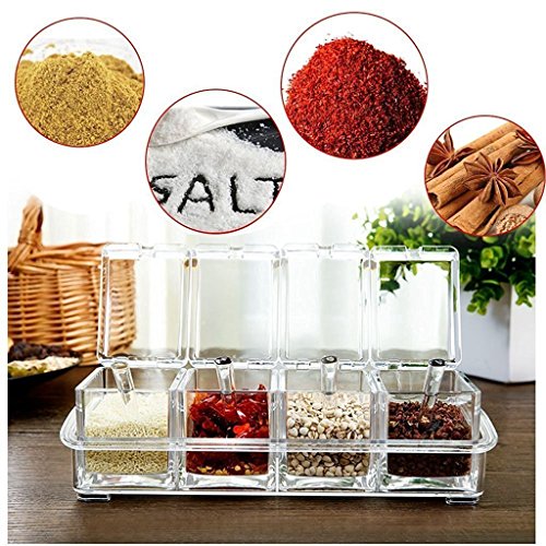 Clear Seasoning Rack Spice Pots by AIQI - 4 Piece Acrylic Seasoning Box - Storage Container Condiment Jars - Cruet with Cover and Spoon
