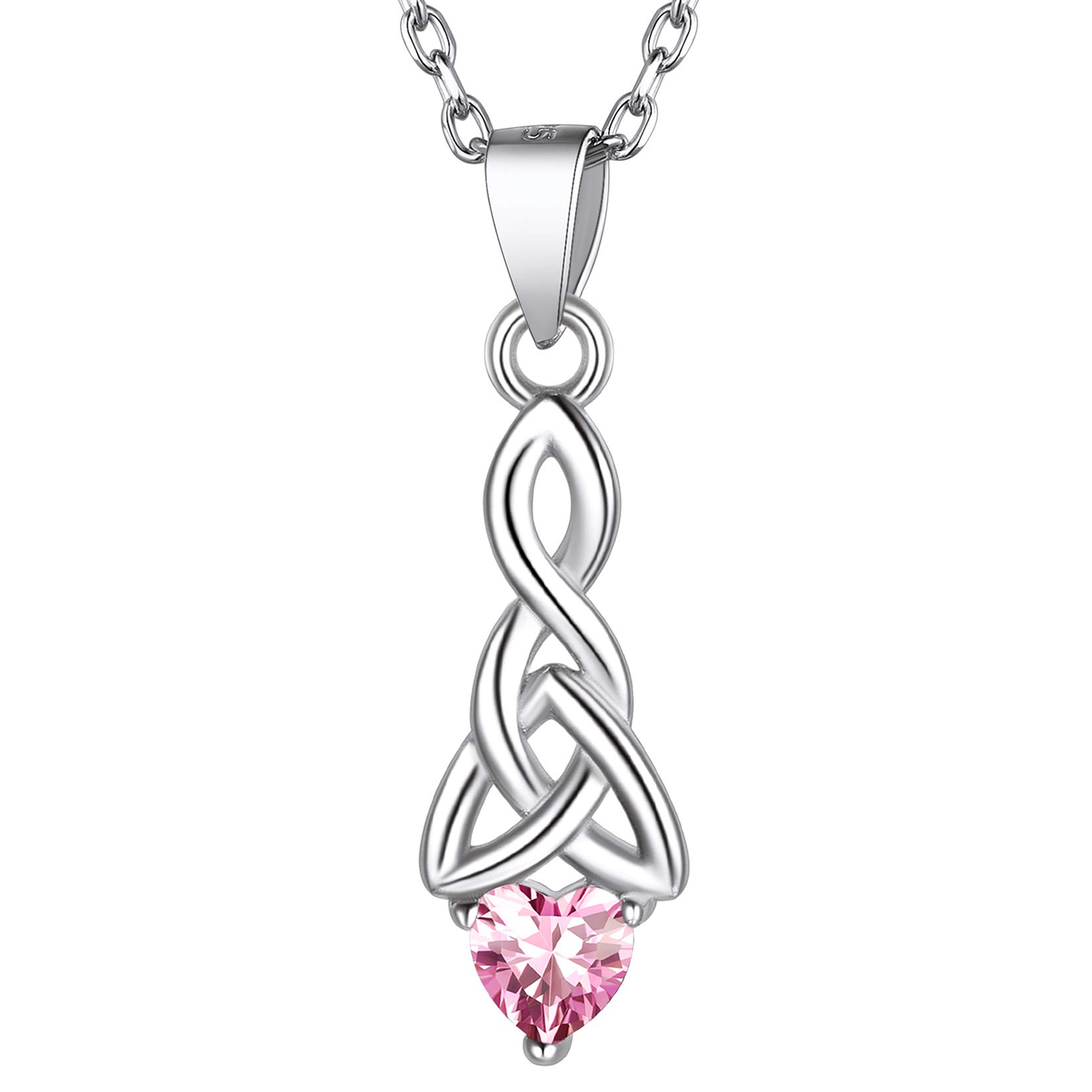 Suplight 925 Sterling Silver Birthstone Celtic Necklace, October Bbirthstone Pink Tourmaline Necklace, Womens Birthstone Jewelry, Irish Triangle Tranquility Knot Necklace for Women