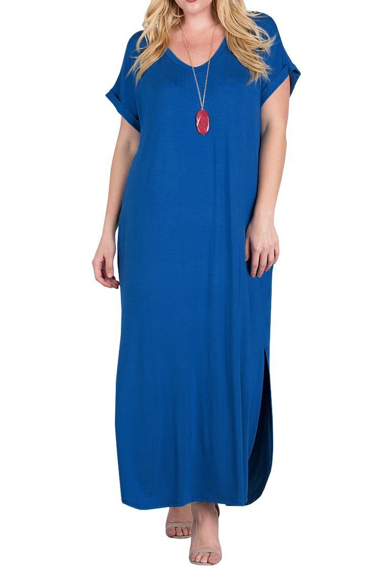 Womens Plus Size Dresses Short Sleeve Loose Plain Pockets Long Maxi T-Shirt Dress Blue XL