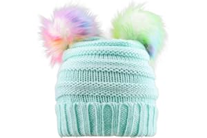 BUTITNOW Kids Girls Boys Multi-Color Ear Double Pom Pom Beanie Hat Winter Warm Rib Knitt Ski Hats (Age 7-15)