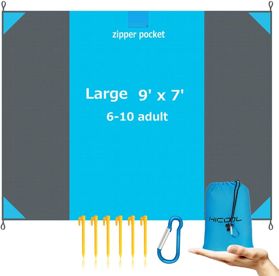 HiCool Beach Blanket Sandproof,Sand Free Beach Blanket Oversized Waterproof,Large Portable Folding Outdoor Picnic mat with Zipper Pocket 6 Stakes 9' x 7'( 6-10Adults) for Travel, Camping, Hiking