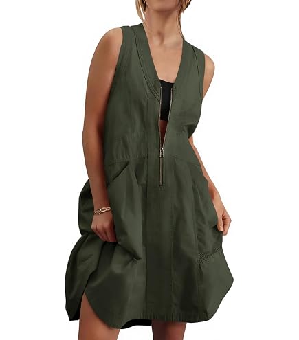 olive green cargo dress Womens Casual Military Utility Chic Drawstring Midi Sleeveless Summer Style (Lt Olive,Medium) at Amazon Women's Clothing store @maahi2