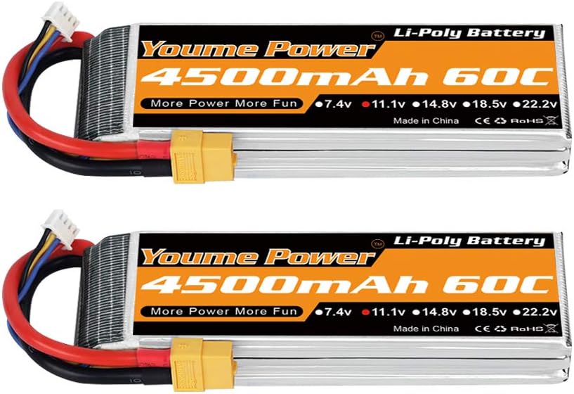 Youme Batería de 11.1V LiPo, 3S RC Lipo Batteries 4500mAh 60C con Enchufe XT60 para RC Car/Truck, Buggy, Boat, Heli y Drone (2 Paquetes)