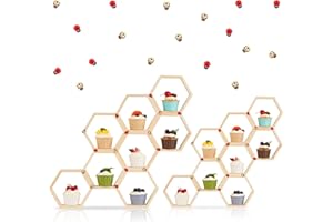 16PCS Hexagon Honeycomb Cupcake Stand Set - Sturdy Pine Wood with 30 Adorable Bees & 10 Ladybugs Decorations, DIY Stackable B