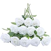 NEVISI Rose Artificial Flowers Artificial Rose Fake Rose Silk Rose Real Looking Fake Flowers with Stems for DIY Wedding Bouquets Tables Centerpieces Floral Arrangements (12, White)