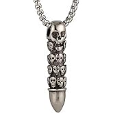 Men's Gothic Punk Hip-Hop Rock Skull Cylindrical Bullet Pendant Necklace, 316L Stainless Steel Material, Silver Stainless Steel Square Pearl Chain, Vintage Halloween Jewelry