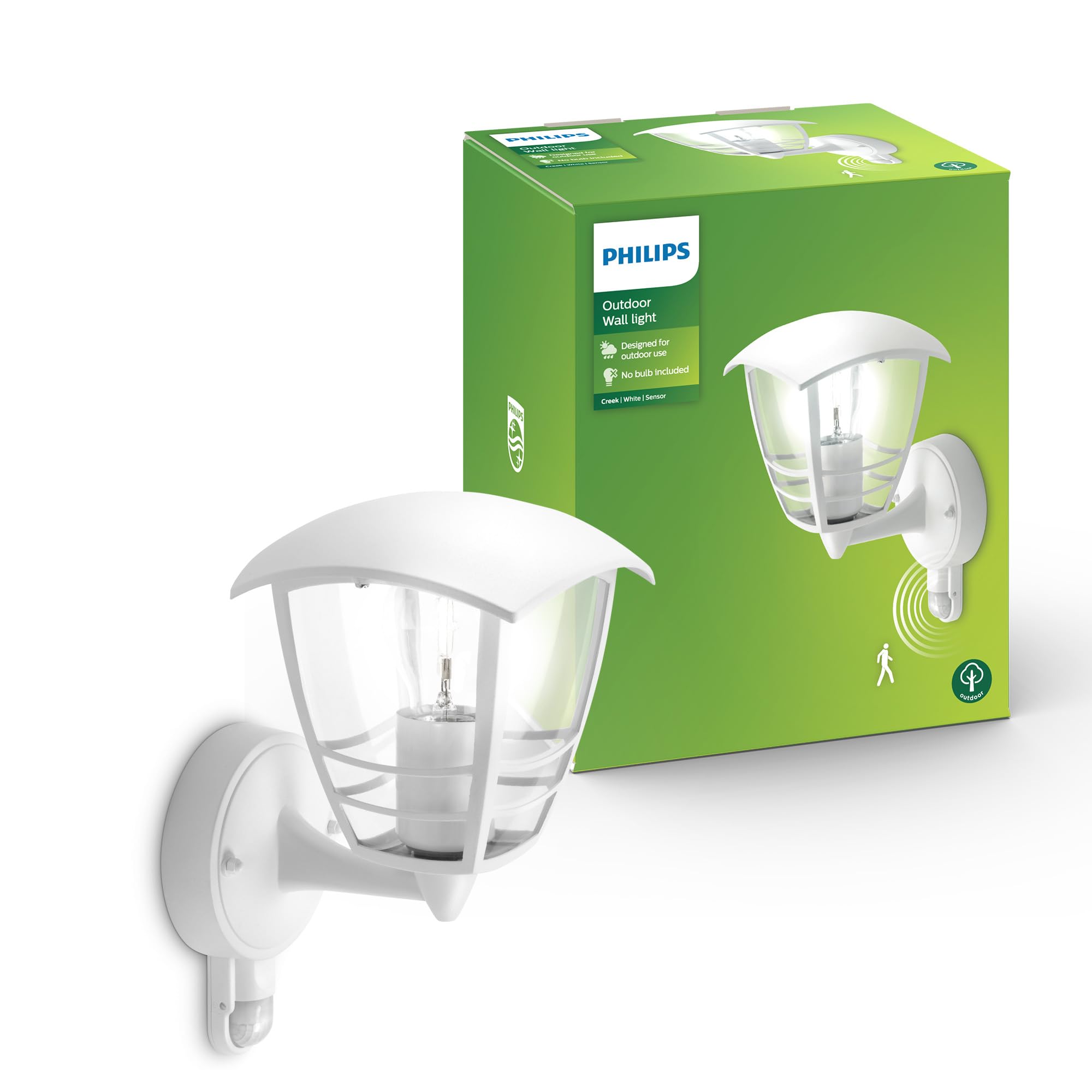 Philips Creek Outdoor Wall Light, IP44 Weather-resistant, Infrared Motion Sensor, Durable, Aluminium, Classic Design, White, E27 Bulb Sold Separately