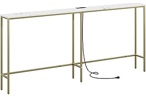 Masupu 70.9 Inch Console Table with Power Outlet,Modern Narrow Long Sofa Table Behind Couch,Skinny Entry Table with Gold Metal Frame for Entryway,Living Room, Hallway,Marble White
