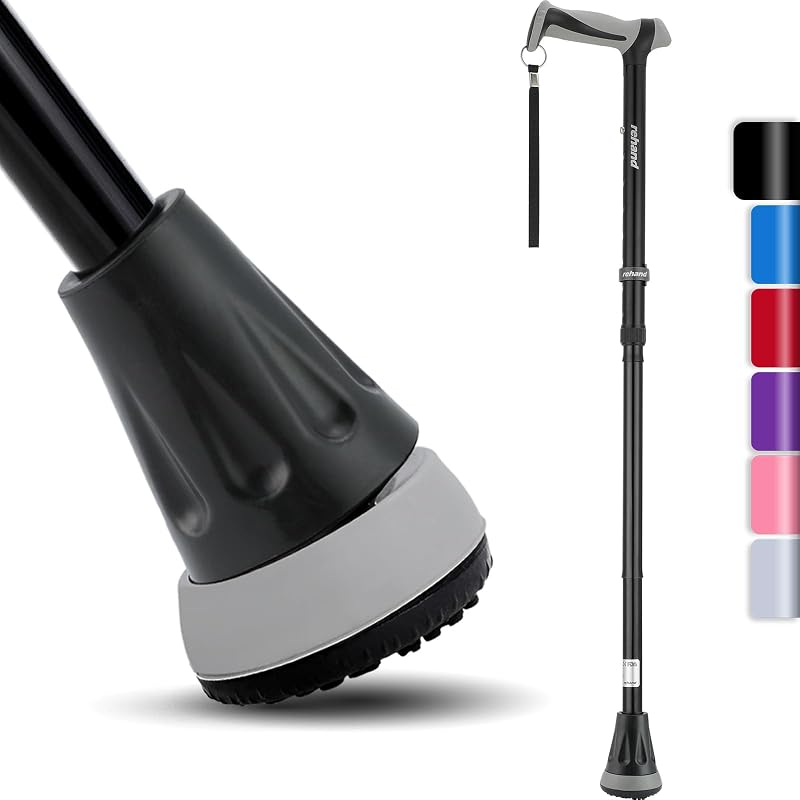 Rehand All Terrain Folding Walking Stick Adjustable 8 Height Pivot Tip Black