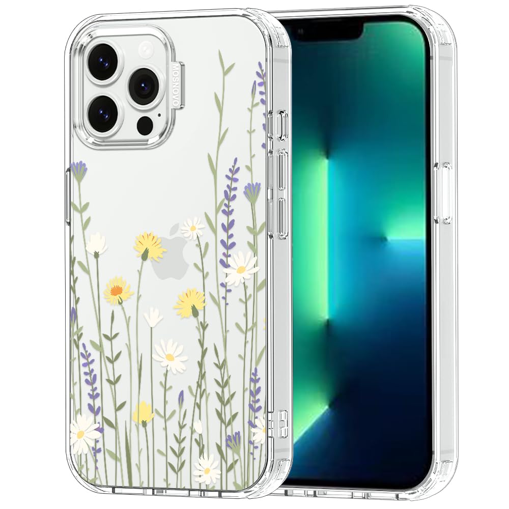 MOSNOVO Case for iPhone 13 Pro Max, [Buffertech 6.6ft Military-Grade Drop Protection] [Anti Peel Off Tech] Clear TPU Bumper Phone Case Cover Design - Wild Meadow