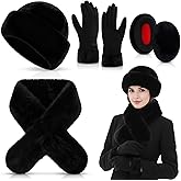 Mepase 4 Pcs Women Winter Faux Mink Fur Mongolian Hat with Faux Fur Collar Scarf Earmuffs and Touch Screen Gloves Set