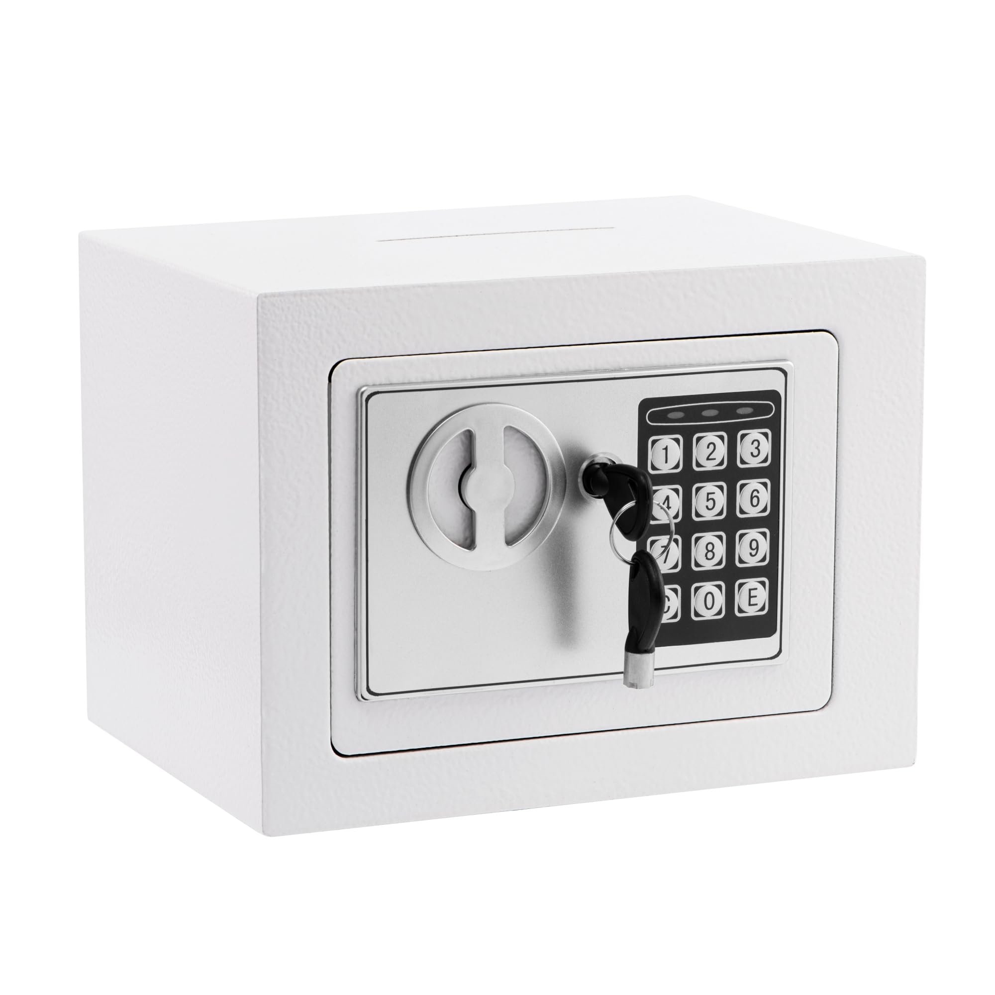 Photo 1 of Small Safe Box With Digital Keypad & Keys - 9.05 x 6.7 x 6.7 Inches Wall Safe 0.23 Cuft Mini Security Lock for Coin Home Office Hotel Rooms Business Jewelry Gun (White)