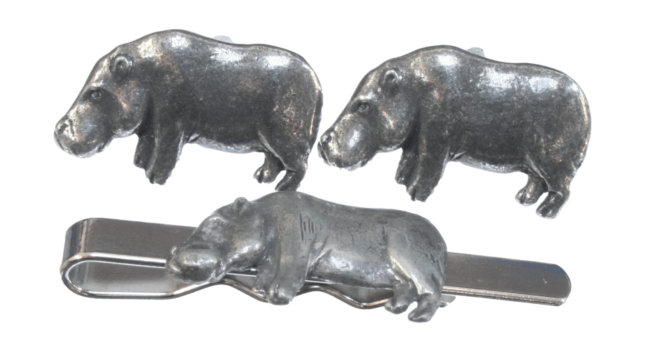 Hippo Cufflinks and Tie Bar Slide Gift Set