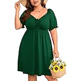 ZOMVA 2025 Plus Size Dress for Curvy Women Tie Front Sweetheart Neck Puff Short Sleeve Swing A Line Midi