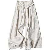 Gihuo Women' s Culottes Linen Blend Wide Leg Pants Elastic Waist Casual Palazzo Trousers with Pockets Capris