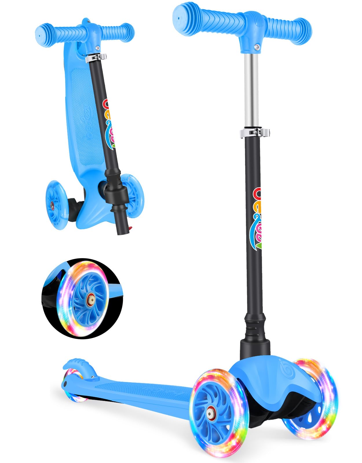 BELEEV 3-Wheel Scooter for Kids Age 2-6, Scooter for Toddlers Girls Boys Children, Adjustable Height, Lean to Steer, Light Up Wheels, Extra-Wide Deck(BLUE)