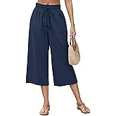 LOMON Women's Linen Capri Pants Wide Leg with Drawstring Elastic Waist Casual Cropped Pant