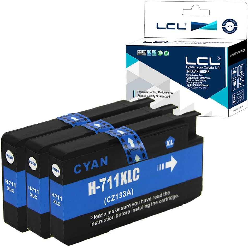 LCL 711XL Ink Cartridge Replacement for HP 711 XL 711XL CZ130A for HP Designjet T120 24 T120 610 T520 24 T520 36 T520 610 T520 914 T125 24 T530 T130 T525 (3 Cyan)
