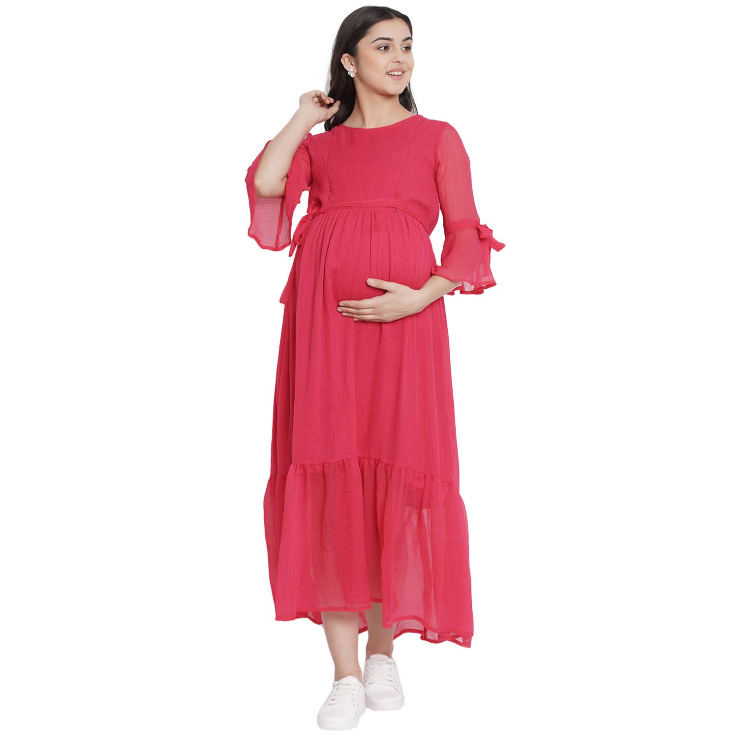 Mine4nine Women S Chiffon Rayon Solid Fit Flare Maternity Dress Pink Amazon In Clothing Accessories