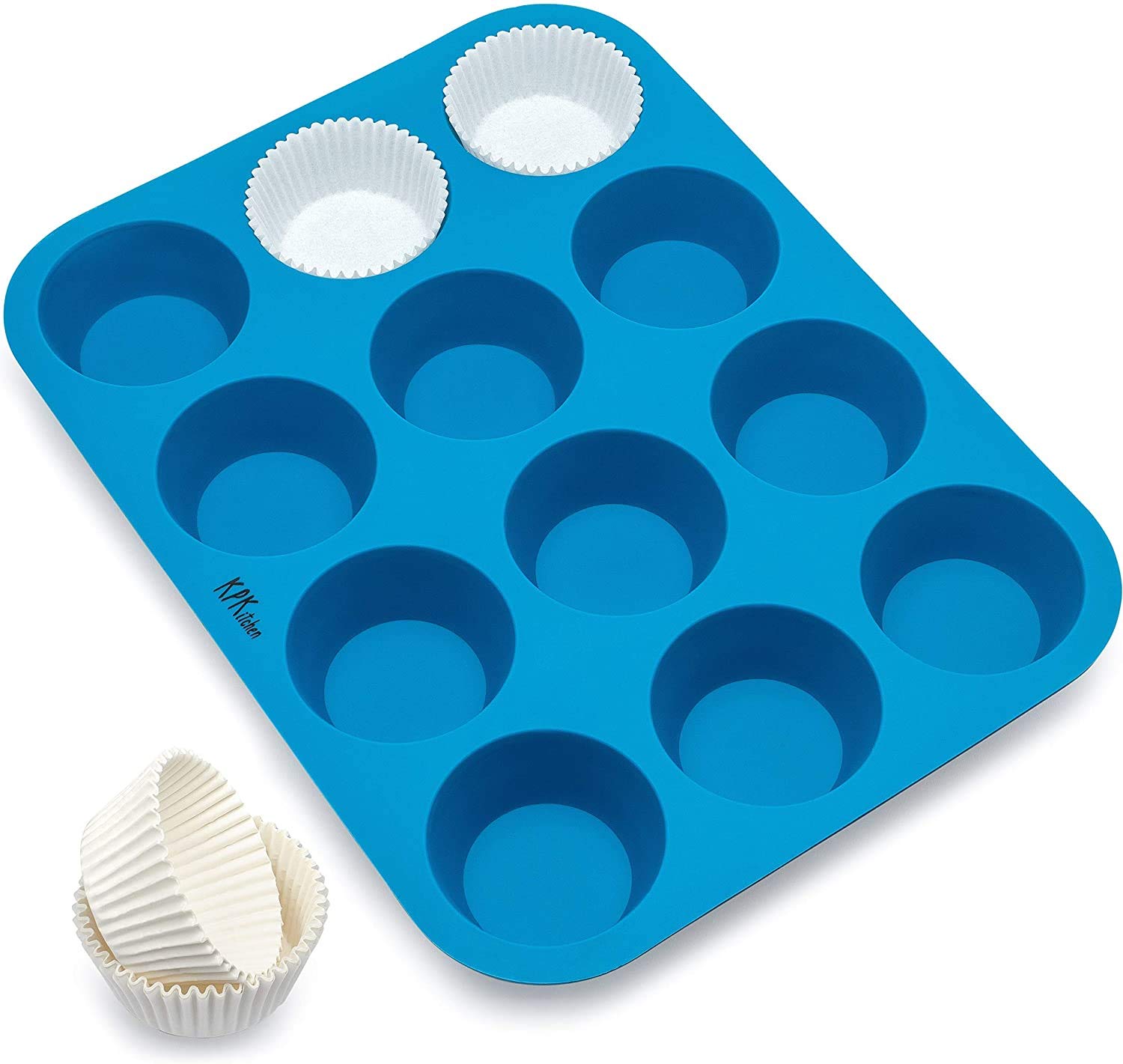 KPKitchen Silicone Muffin Pan - Muffin Pans Nonstick 12 Cup - Free Muffin Cups for Silicone Muffin Tin - BPA Free & 100% Silicone Cupcake Pan - Dishwasher Safe Silicon Muffin Molds & Cupcake Tray