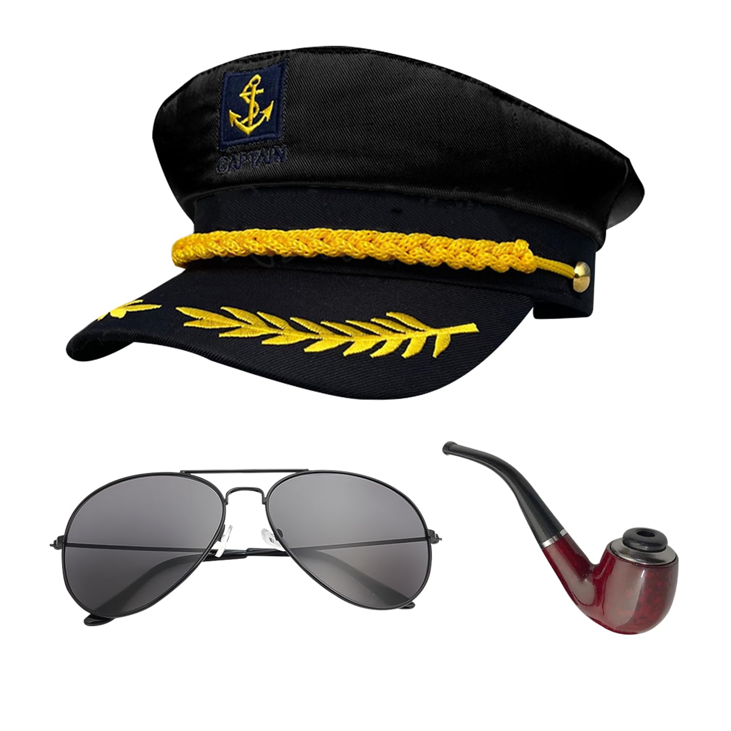 Nereds 3Pcs Sailor Accessories Adjustable Captain Hat Sunglasses Wooden Pipe for Sailor Costume Party Adult Halloween Decoration