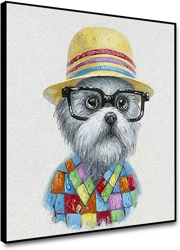 shensu Framed Cute Funny Animal Canvas Wall Art Puppy Dog with Hat Glasses Wall Decor Colorful Cartoon Prints Posters for Living Room Kids Room Bedroom Bathroom Modern Home Decor 12x12inch