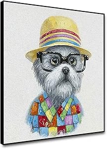 shensu Framed Cute Funny Animal Canvas Wall Art Puppy Dog with Hat Glasses Wall Decor Colorful Cartoon Prints Posters for Living Room Kids Room Bedroom Bathroom Modern Home Decor 12x12inch