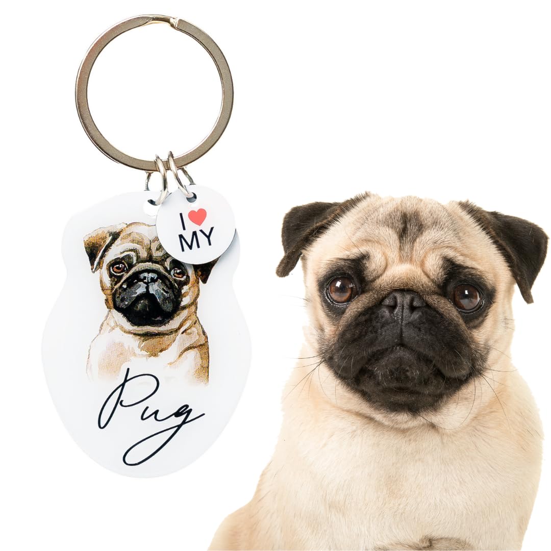 Splosh Pet Keyring Pug Personalised Dog Key Ring Customised Gifts for Dog Lovers Accessories Key Tags (PTK019)