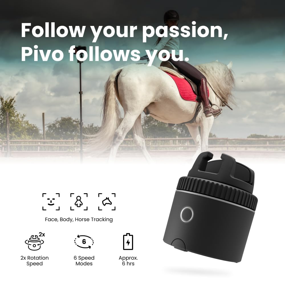 Pivo Equestrian Pod Essential Pack, Auto Face, Body, Horse Phone Tracking Holder, Ai-Powered 360° Rotation, Remote Control for Hands-Free Video Recording with Smart Mount, Travel Case & Tripod (Black)