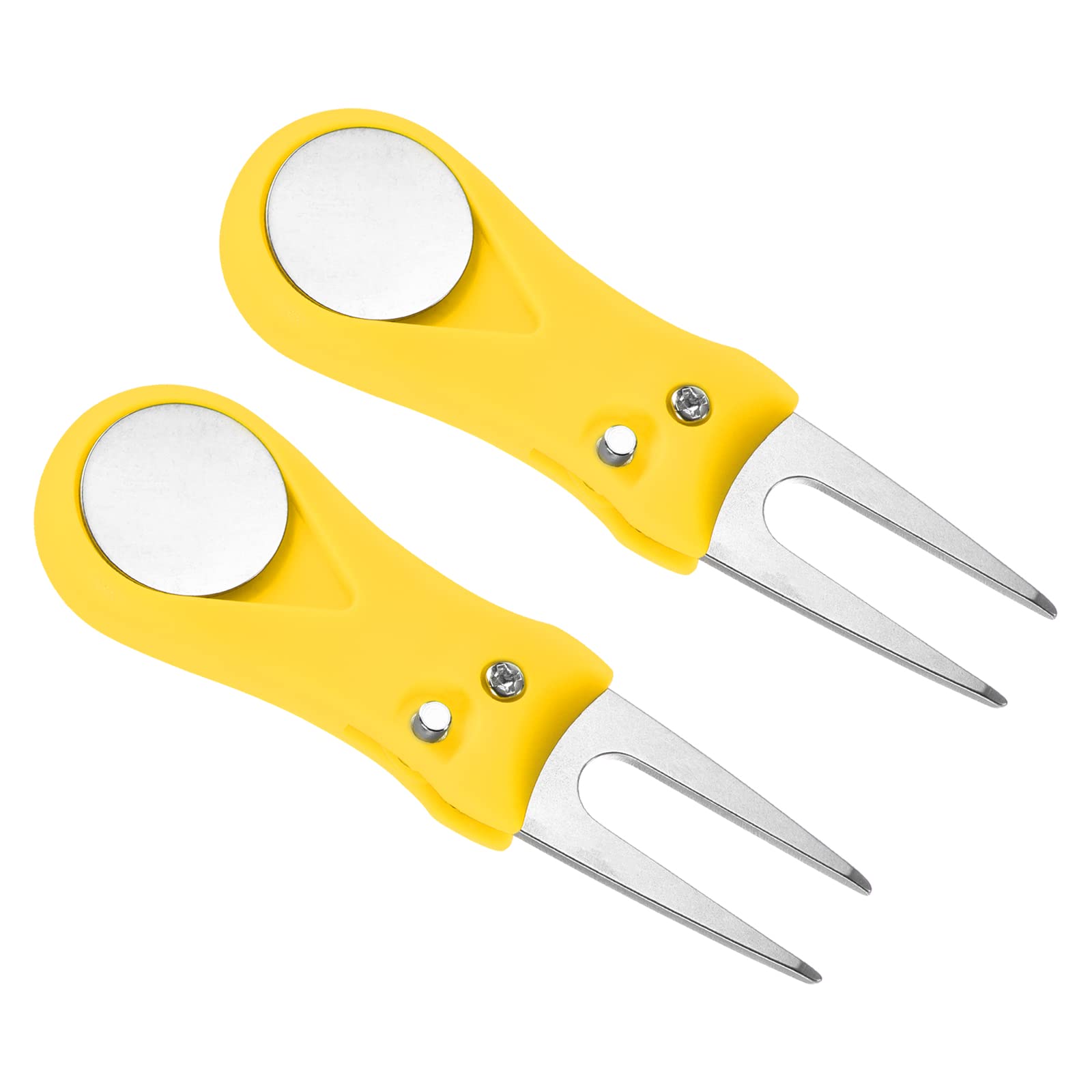 PATIKIL Golf Divot Tool, 2 Pack of Foldable Repair Fork with Button Ball Marker Training Accessory for Golf Sport, Yellow