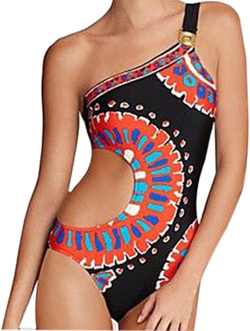 Women's Sexy One Piece Cut Out Printing One-Shoulder Swimming Costume Backless Monokini Swimwear Swimsuits Bodysuit Beachwear Bathing Suit (Multicolor, M)