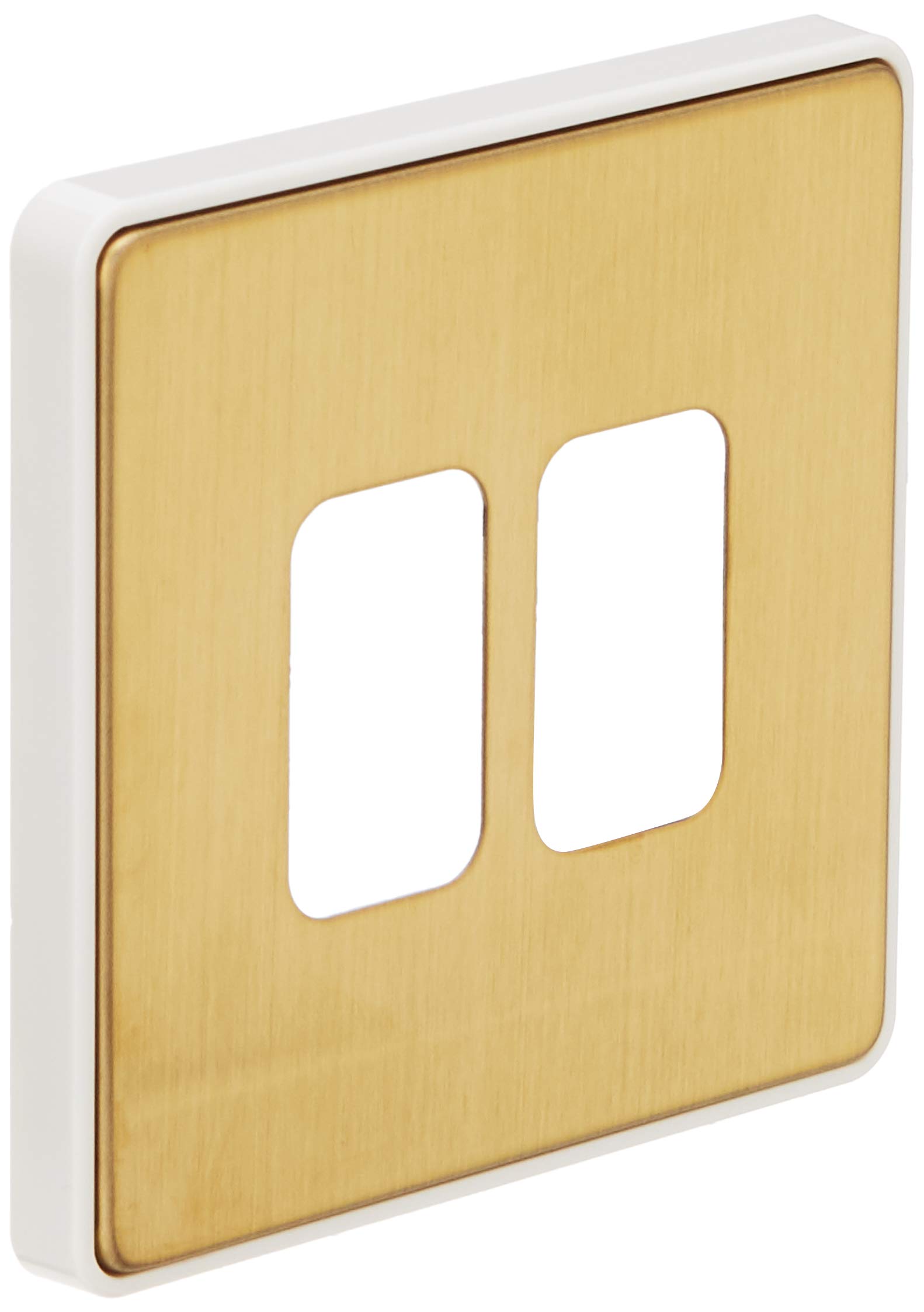 MK DIMENSIONS 2G 20A SWITCH/2 MOD GRID FRONTPLATE SATIN BRASS WITH WHITE TRIM