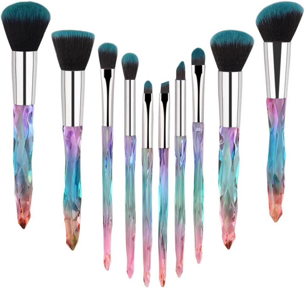 Makeup Brushes Crystal Handle,10pcs Colorful Professional Diamond Cosmetic Brush Set for Kabuki Concealer Face Powder Eye Shadow Highlight Blue Unicorn Brush Kit for Make-up