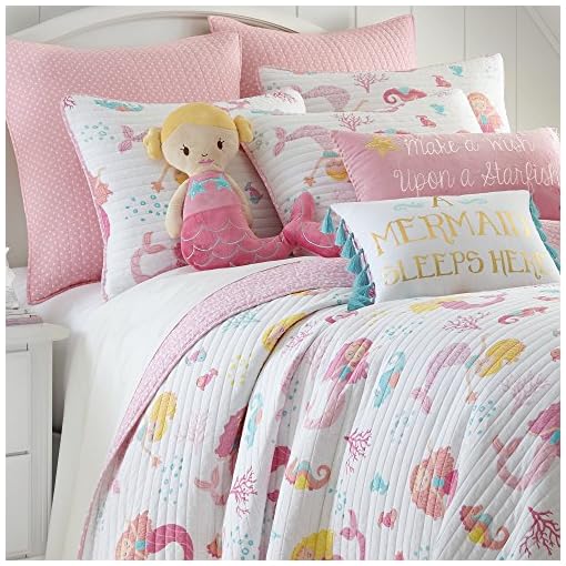Levtex Home Marina Full/Queen Cotton Quilt Set, Pink, White Mermaid