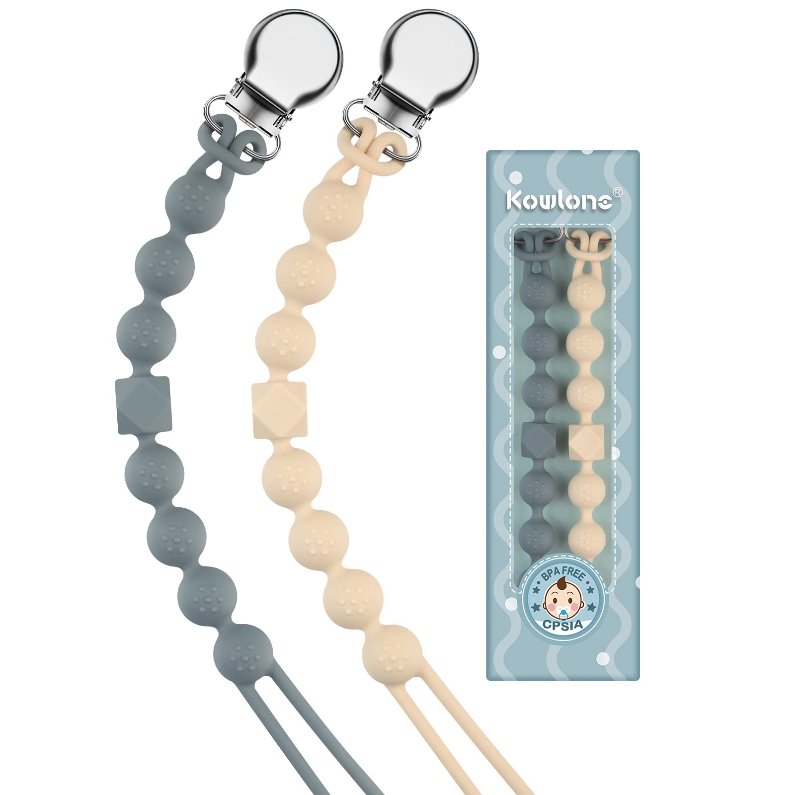 Kowlone Dummy Clips Boys Girls Silicone Soother Pacifier Chain Flexible Binky Holder Set with Texture for Teething Baby Unisex Newborn Dummies 1-Piece Design(Beige,Dim Grey)