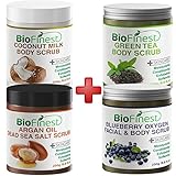 [4-PACK] Biofinest Argan Oil, Coconut Milk, Blueberry Oxygen, Green Tea Scrub - with Dead Sea Salt, Coconut Oil, Jojoba Oil, Vitamin E, Essential Oils - Best Exfoliator (4 x 250g)