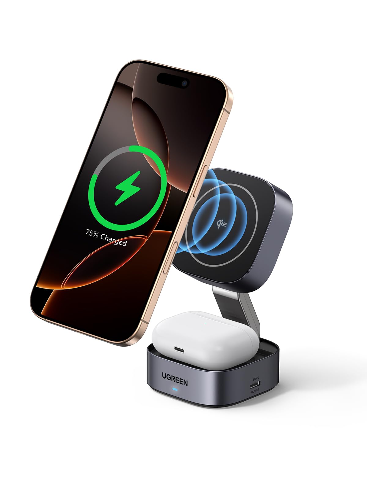 UGREEN 15W MagFlow for MagSafe Charger Qi2 Certified, 2-in-1 Wireless Charger, Foldable Wireless Charger Station Compatible with iPhone Air/17/16/15/14/13/12 Series, AirPods 4/3/2/Pro 3/2