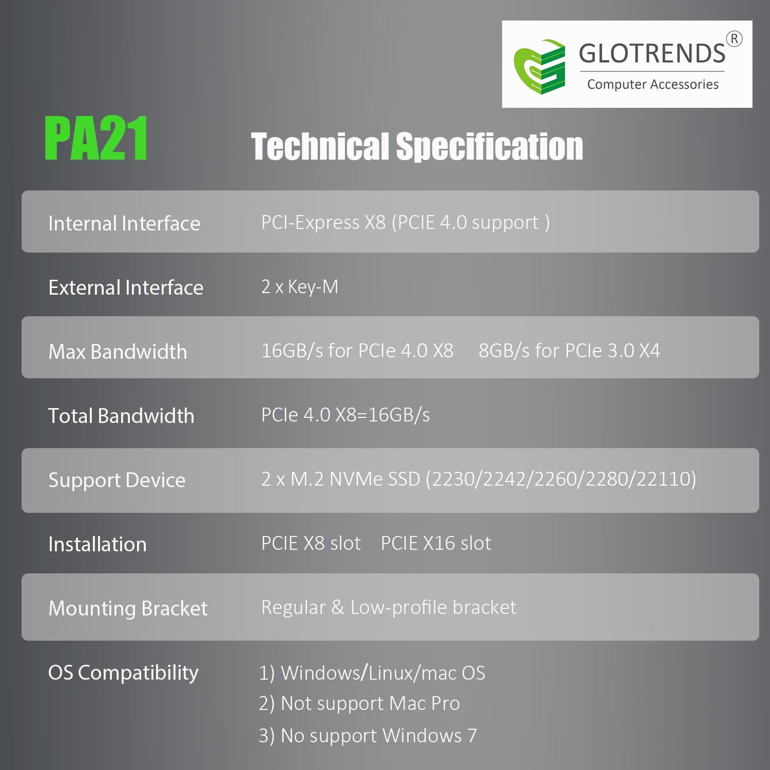 Glotrends Pa21 Dual M.2 Nvme To Pcie 4.0 X8 Adapter Without Pcie Bifurcation Function, Support 22110/2280/2260/2242/2230 Size (Pcie Bifurcation Motherboard Is Required) - View 8