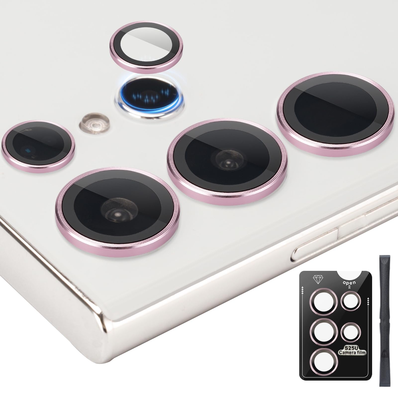 Zevytop Camera Lens Protector for Samsung Galaxy S25 Ultra, Individual Tempered Glass Aluminum Alloy Ring Lens Cover with Installation Tray Fit for Samsung Galaxy S25 Ultra Pink